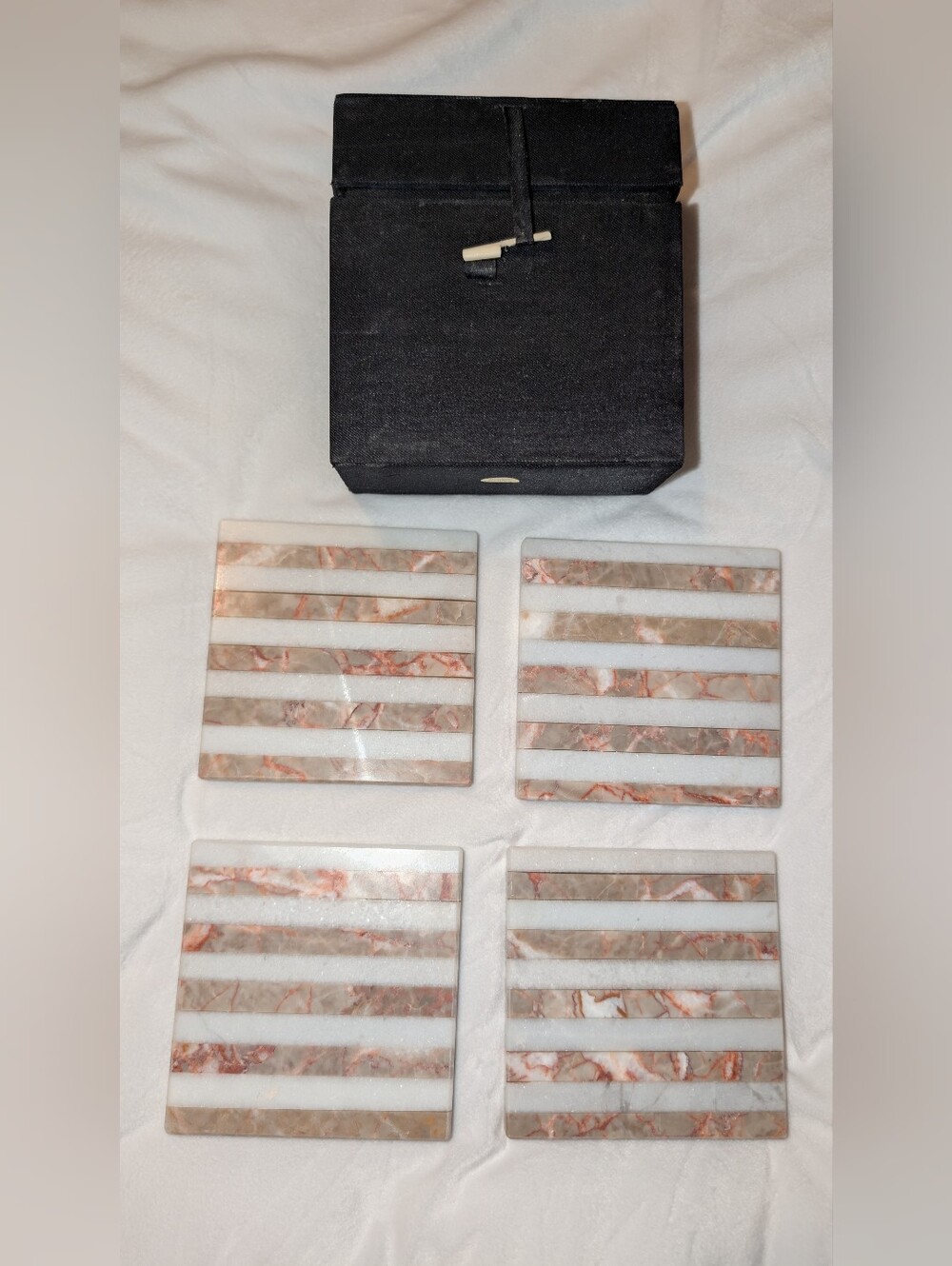 Henri Bendel Coaster Set Marble White Tan Vintage NWT